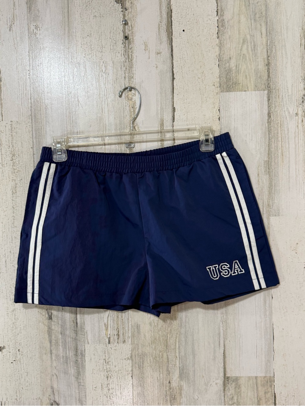 Zoe + Liv Navy Athletic Shorts with Double White Side Stripes USA Embroidered